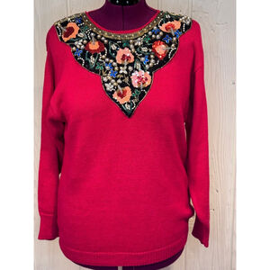 Victoria Harbour Red Beaded Sequin Sweater Large